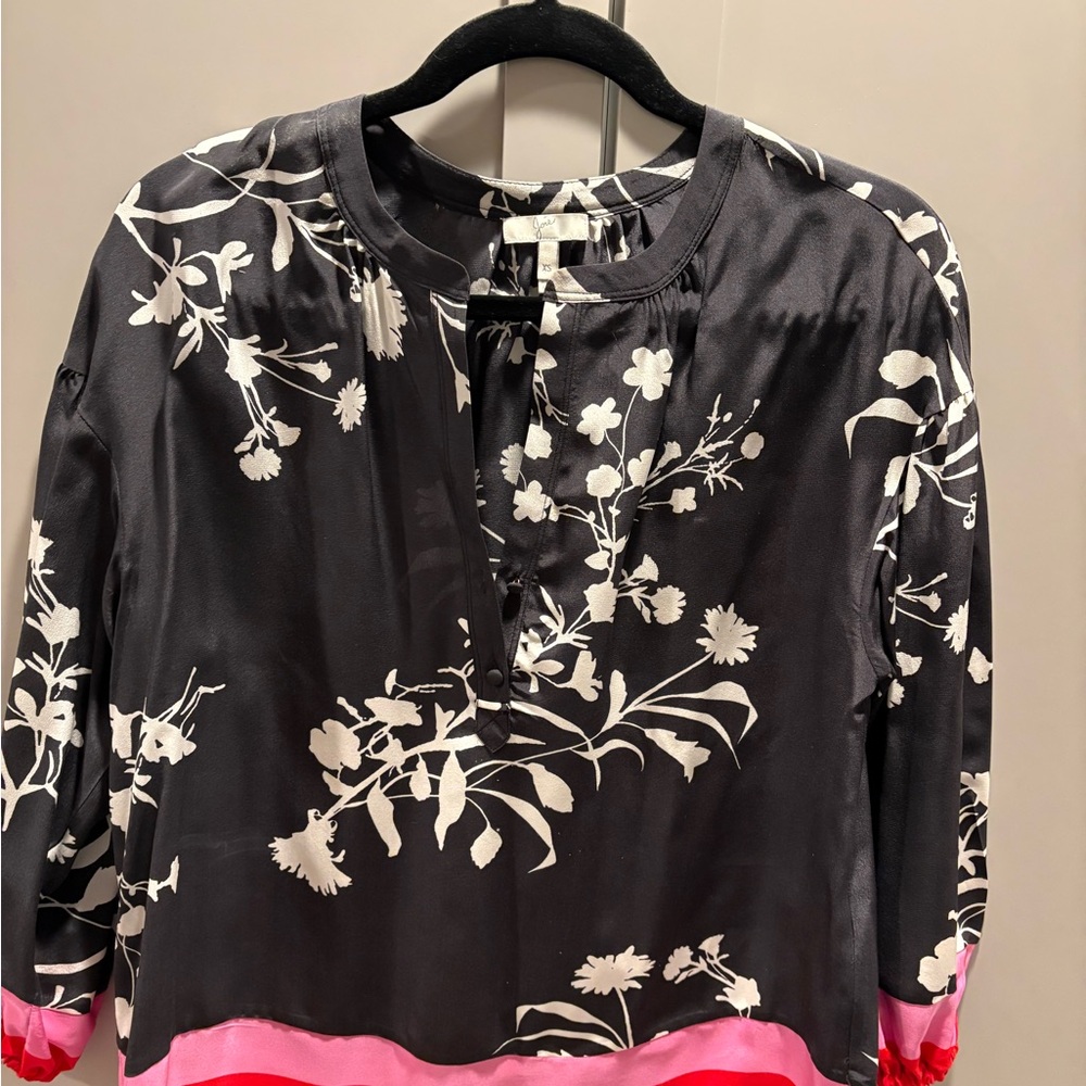 Joie Black and White Floral Blouse with Pink Hem